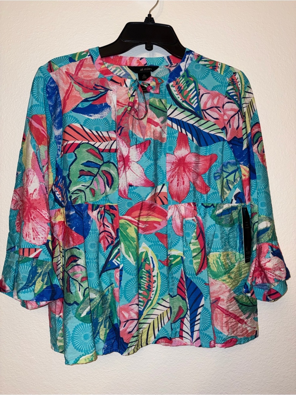 Ali Miles Tropical Floral Tie-Neck Tunic - Turquoise, Pink, Green, Blue